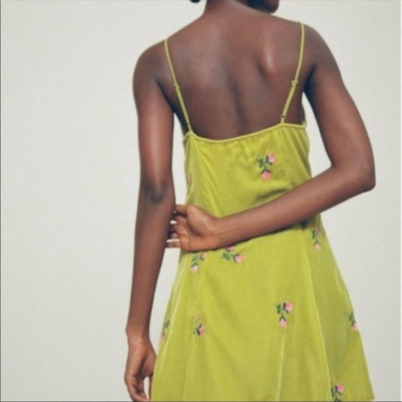 UO Green Floral Embroidered Velvet Mini Green Unlined Side Zipper Dress - Picture 3 of 10